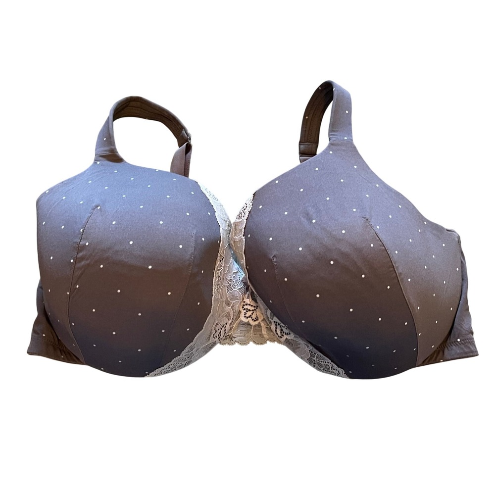 Cacique Lightly Lined Full Coverage Bra 42DDD Mauve Brown Polka Dot Lace Trim
